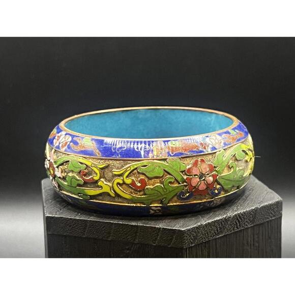 VTG ATQ Chinese Export Cloisonné Enamel Orchid Flower Bracelet Lapis Blue Green - Picture 3 of 9